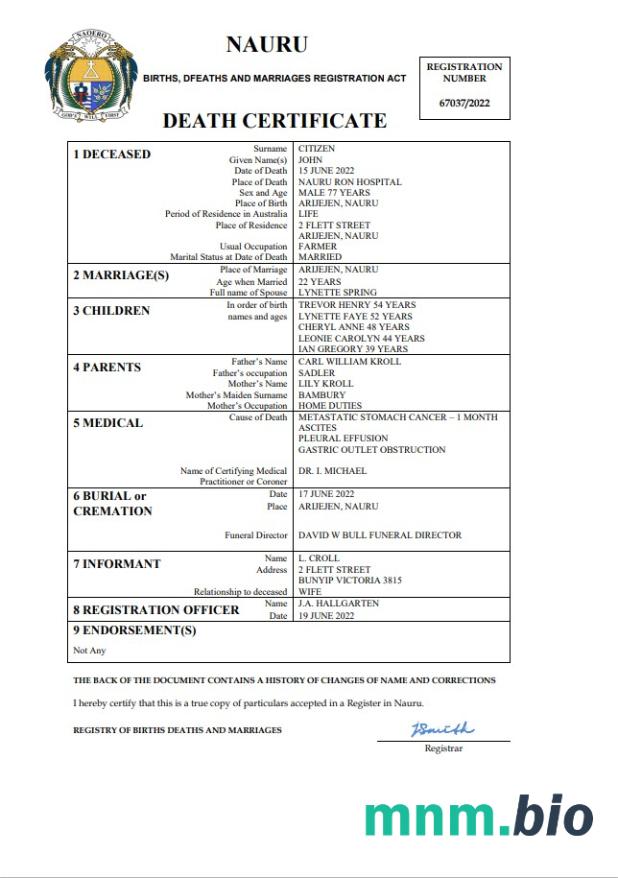 Nauru śmierć certyfikat Word i PDF szablon